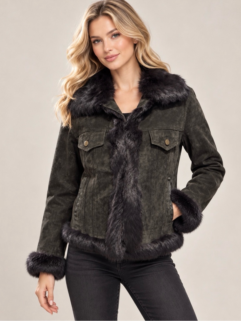Etcetera Genuine Leather & Rabbit Fur Trim Jacket Black/Charcoal/Olive Size M